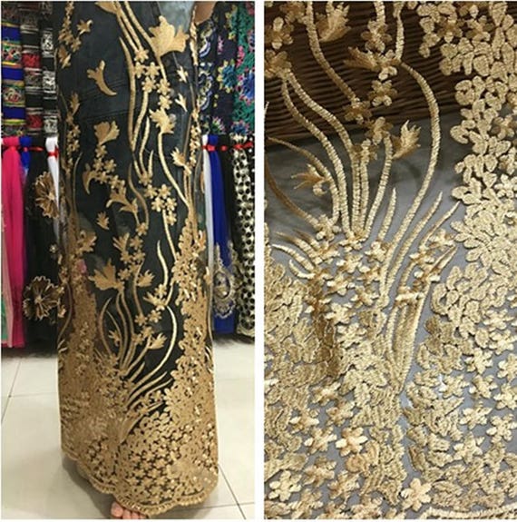 Black Mesh Gold Line Embroidered Lace Fabric by the Yard Lace