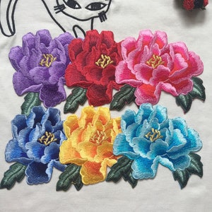 Remendo bordado de flor de peônia grande ferro/costura em apliques para artesanato, emblema de apliques, apliques para roupas, vestido, acessórios faça você mesmo