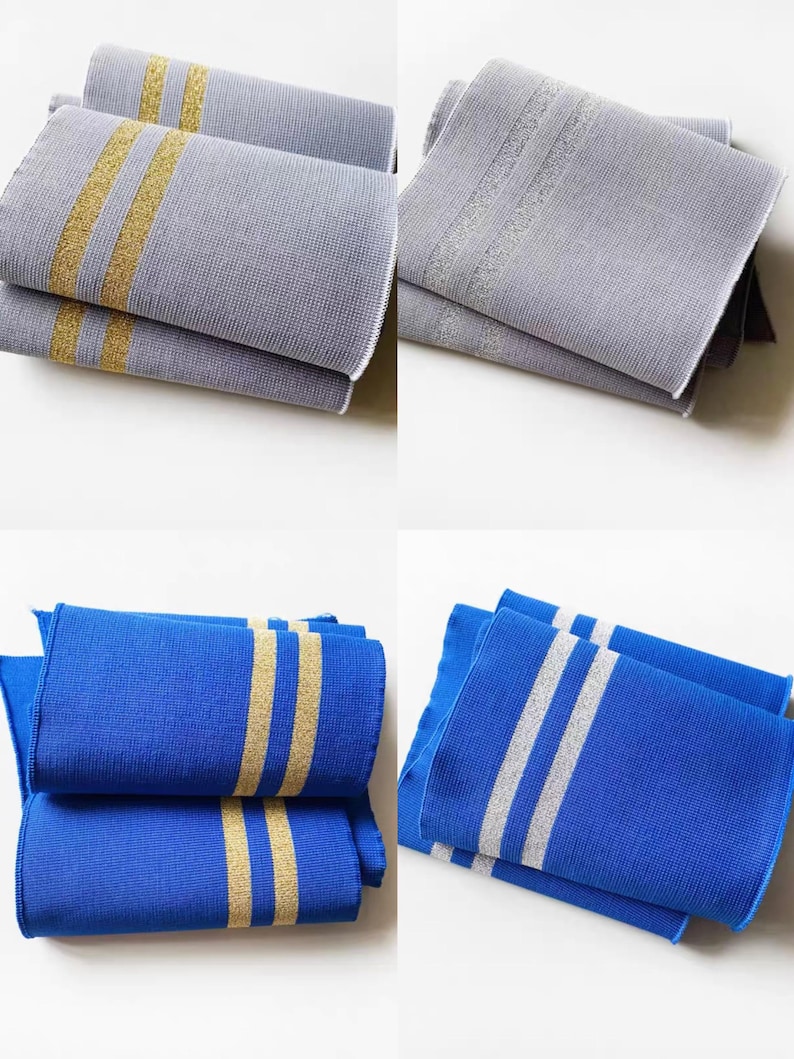 May include: Four folded fabric pieces in the image. Two are gray with gold stripes, and two are blue with gold stripes. The other two blue pieces have silver stripes. The fabric has a textured appearance.