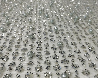 Silvery Beads Sequins Lace Fabric By The Yard,Wedding Dress Mesh Fabric,DIY Handmade,For Evening Dress,Width 51 inches