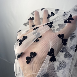 Flock Bow Lace Fabric By The Yard,Wedding Bridal Dress Tulle Mesh Fabric,Girls Dress Mesh Fabric,DIY Handmade Material,59" Wide