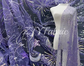 Star Moon Sequins Embroidery Lace Fabric By The Yard,Wedding Bridal Dress Costume Supplies Lace Fabric,DIY Handmade,Width 51 inches