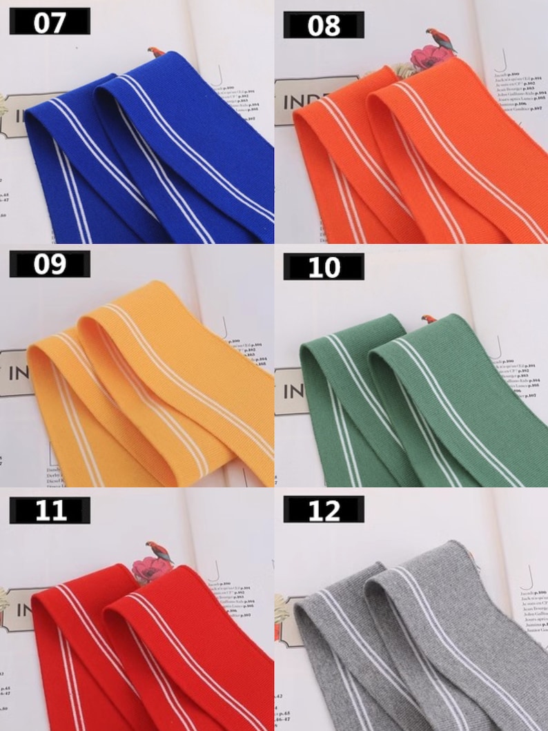 May include: Six different colors of elastic trim with white stripes. The colors are blue, orange, yellow, green, red, and gray.