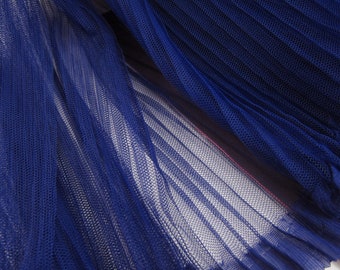 Navy blue pleated tulle Panel lace fabric by the yard, accordion pleats mesh fabric, Vertical crease, ruffled tulle fabric,Width 59 inches