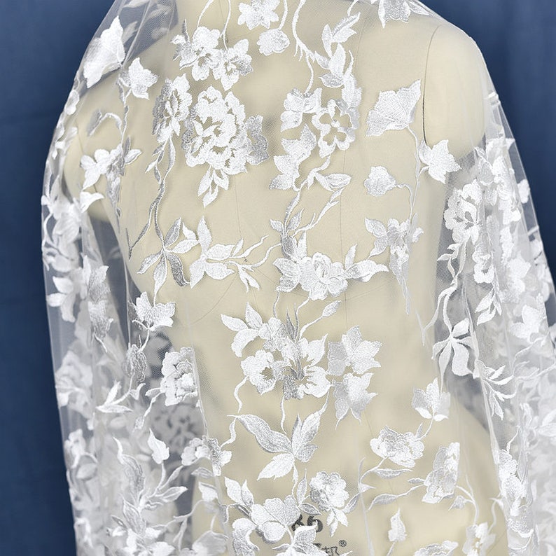 Floral Embroidered Lace Fabric By The Yard Bridal Wedding Dress Mesh Fabric,Costume,Craft Making,Width 53 inches