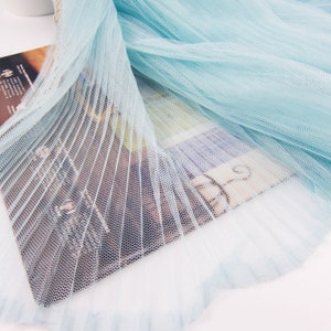 blue pleated tulle Panel lace fabric by the yard, accordion pleats mesh fabric, Vertical crease, ruffled tulle fabric,Width 59 inches