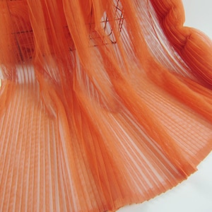orange pleated tulle Panel lace fabric by the yard, accordion pleats mesh fabric, Vertical crease, ruffled tulle fabric,Width 59 inches