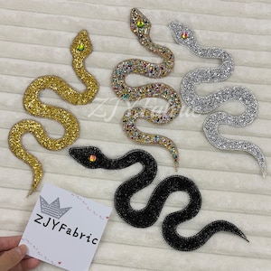 Toppa con serpente in strass, toppa da stirare, decalcomania con serpente, toppa con applicazioni per artigianato, distintivo con applicazioni, applicazioni per vestiti, abiti, cappelli, jeans