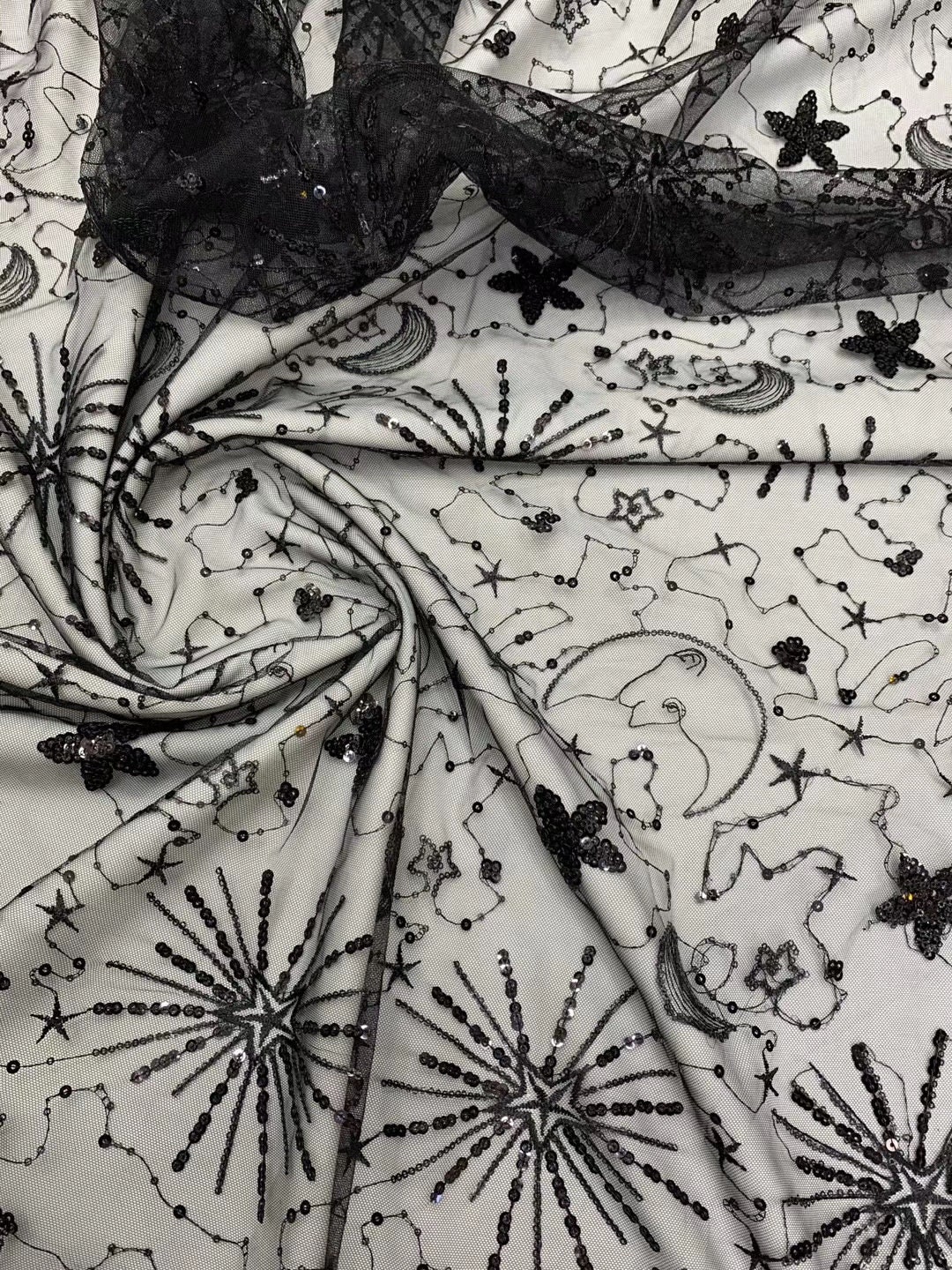 White rhinestones and black lace fabric #50725 - Design My Fabric
