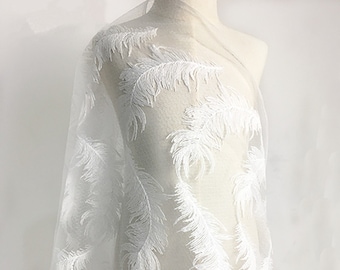 Feather Embroidered Lace Fabric By The Yard, Wedding Bridal Dress Mesh Fabric,Width 51 inches