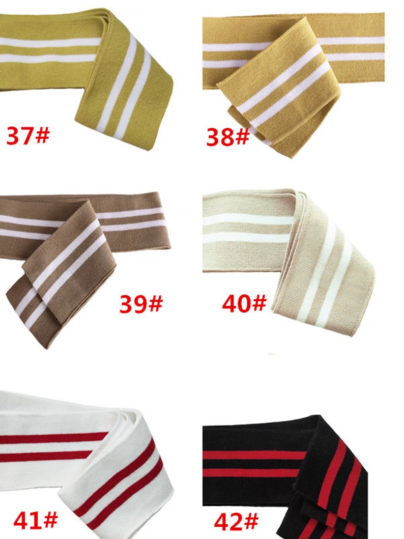 Op de afbeelding: Assortiment van 10 gebreide stof trim met dubbele strepen in verschillende kleuren, waaronder beige, bruin, geel, wit, rood en zwart. De trim is gelabeld met de nummers 37 tot en met 42.