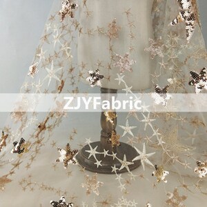 Gold Star Sequin Lace Fabric By The Yard Wedding Bridal Mesh Dress Veil Costume Supplies Mesh Fabric,DIY Handmade,Width 49 inches
