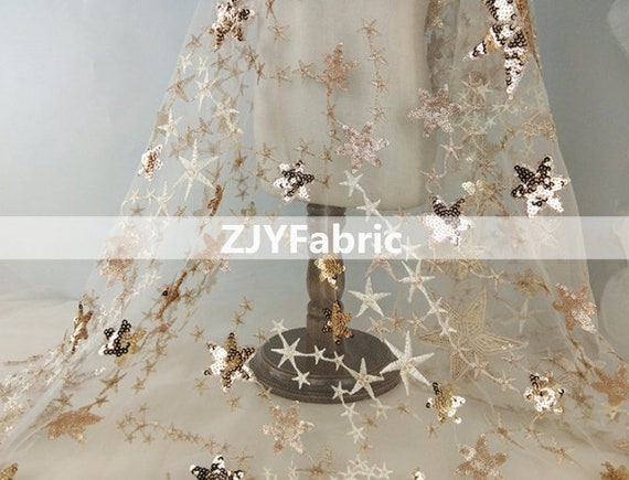 59 Wide Gold Star Glitter Lace Fabric DIY Bridal Wedding Mesh Dress By the  Yard