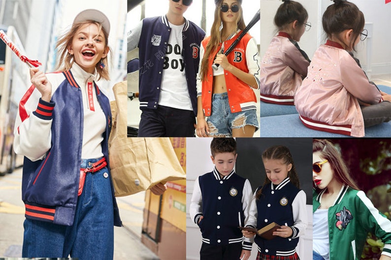 Puede incluir: Un collage de diferentes estilos de chaquetas de b&eacute;isbol. Las chaquetas son de varios colores, incluyendo azul marino, rojo, rosa y verde. Algunas chaquetas tienen mangas y cuellos contrastantes, mientras que otras tienen dise&ntilde;os bordados. Las chaquetas de b&eacute;isbol son un estilo de ropa popular tanto para hombres como para mujeres.