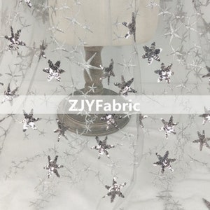 Gray Star Sequins Embroidery Lace Fabric By The Yard,Wedding Bridal Dress Mesh Fabric,DIY Handmade,Width 51 inches