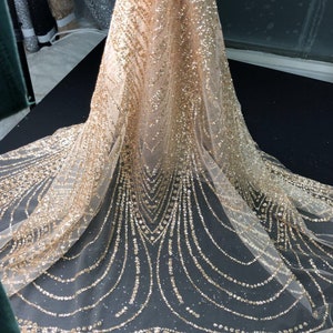 May include: Gold glitter tulle fabric with a delicate pattern. The fabric is sheer and has a soft, flowing texture.