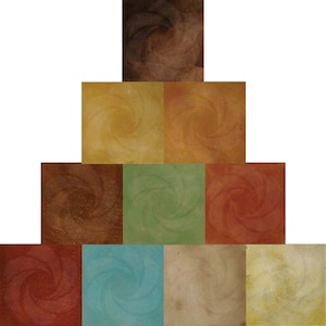 May include: A collection of ten square tiles, each featuring a unique color and a swirling, textured design. Colors range from dark brown to light yellow and teal, with a central spiral pattern in each tile.