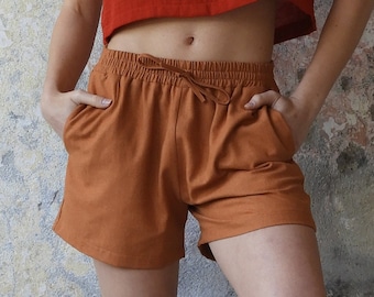 Linen Cotton Blend Shorts: Windsor Tan Drawstring Beach Shorts