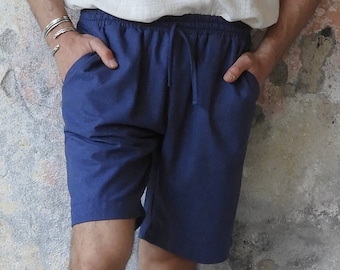 Linen Cotton Shorts Indigo Blue, Mens Beach Shorts, Drawstring Linen Shorts, Linen Blend Bermuda Shorts, Leinen Shorts Herren