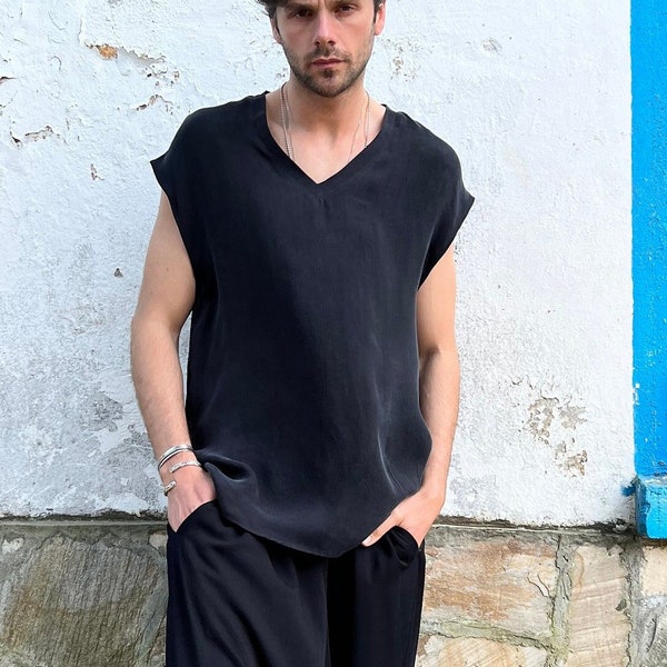 Avant Garde Shirt, Black Vegan Silk Shirt, Mens Black Cupro Shirt, Sleeveless V-Neck Shirt Men, Avant Garde Clothing