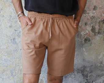 Mens Linen Cotton Drawstring Shorts: Casual Tan Resort Wear
