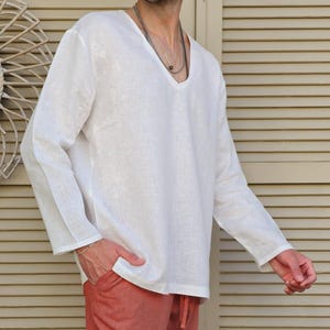 Oversized Linen Shirt Men: White V-Neck, Big & Tall