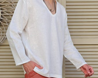 Överdimensionerad linneskjorta herr: Vit V-ringad, stor och lång