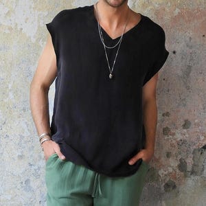 Mens Vegan Silk Shirt, Black Cupro Shirt, V-Neck Shirt Men Sleeveless, Avant Garde Clothing Men, Sustainable Gift