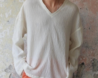 Shirt aus Bio-Baumwolle Musselin: Langarm-Shirt mit V-Ausschnitt