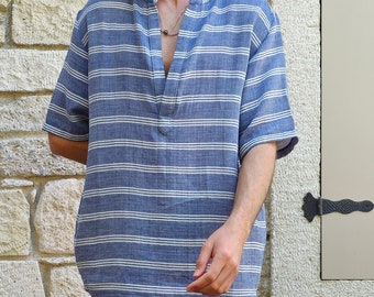 Organic Cotton Mens Tunic: Striped Gauze Ibiza Shirt