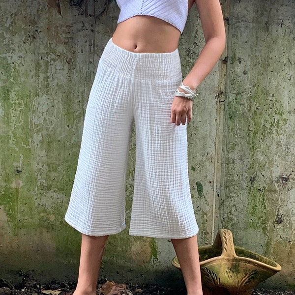 Palazzo Hose, Hose mit weitem Bein Frauen, Weiße Capri Hose, Boho Hose, Sarouel Femme, Strand Hose, Hippie Festival Hose