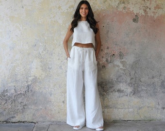 Linen Pants Set Plus Size, White Linen Pants Set, Wide Leg Linen Pants, White Linen Crop Top, Palazzo Pants, Plus Size Linen Clothing