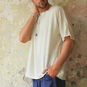 Boho Mens Shirt, Gauze Shirt Men, Festival  Outfit Men, Big And Tall Men, Organic Cotton Shirt Men, Short Sleeve Shirt, Raw Cotton Shirt