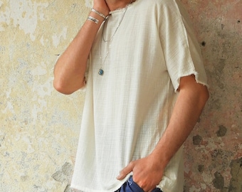Boho Mens Gauze Shirt: Organic Raw Cotton, Short Sleeve Festival Top