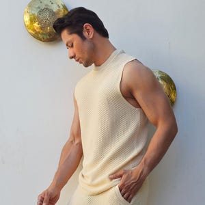 Herren Strick Tank Top, Burning Man Kleidung Herren, Herren Sommer Resort Wear, ärmelloses Strickoberteil, Baumwoll Tank Shirt