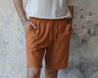 Shorts For Tall Men, Linen Shorts Men, Shorts For Men Gift, Resortwear Outfit, Linen Blend Shorts With Drawstring, Big And Tall Father Gift