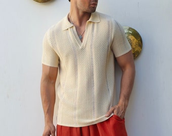 Cotton Knit Polo Shirt: Vintage Style Johnny Collar, Mens Open Knit Top