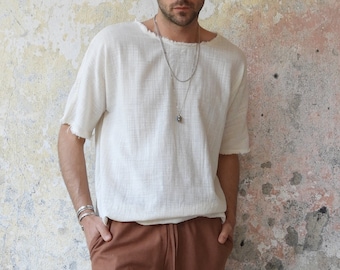 Organic Cotton Gauze Shirt Men: Boho Raw Edge Short Sleeve Top