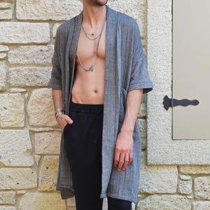 Mens Black Kimono, Boho Kimono Mens, Burning Man Clothing Men, Mens Desert Robe, Tribal Kimono,  Mens Cover Up Organic Cotton
