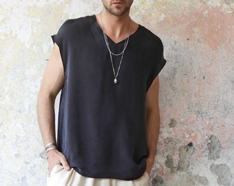Chemise en soie végétalienne pour homme, chemise en cupro noire, chemise sans manches avec col en V pour homme, tenue de festival surdimensionnée pour homme