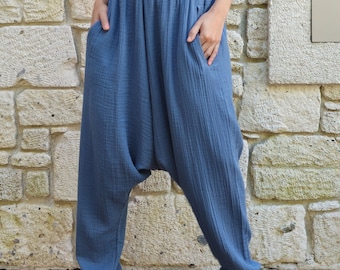 Women's Cotton Harem Pants: Indigo Blue Festival Trousers, Plus Size