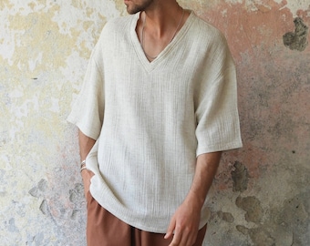 Hemp Shirt, V-Neck Loose Shirt, Natural Hemp Short Sleeve Top, Big And Tall Mens Clothes, Oversize Organic Hemp Top