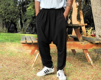 Black Linen Harem Pants Men: Baggy Drop Crotch, Plus Size