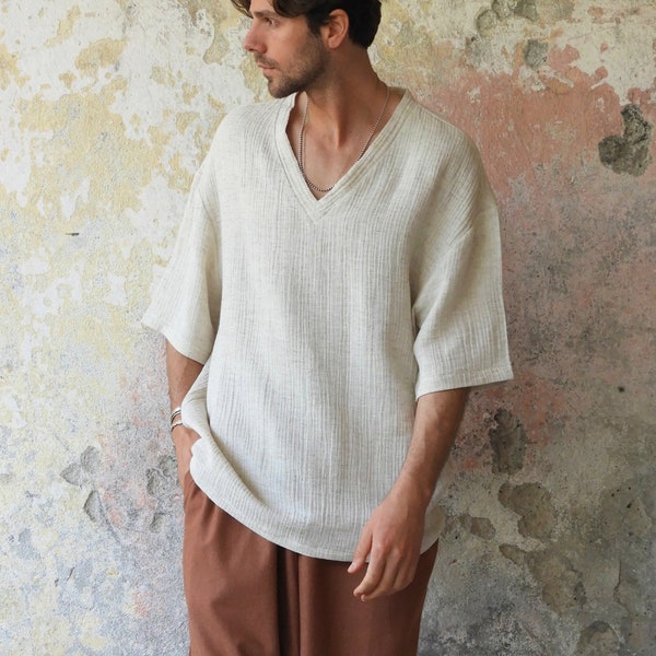 Hemp Shirt, V-Neck Loose Shirt, Natural Hemp Short Sleeve Top, Big And Tall Mens Clothes, Oversize Organic Hemp Top