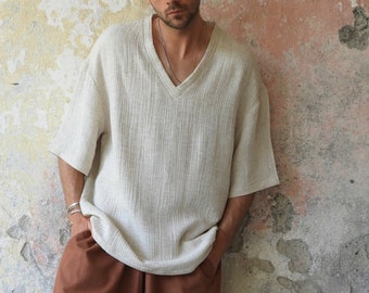 Hemp Shirt For Men, Deep V-Neck Loose Shirt, Natural Hemp Short Sleeve Top, Big And Tall Mens Outfit