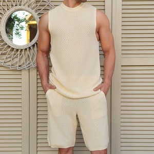 Mens Knit Shorts Set, Knit Tank Top, Knit Shirt Men, Men&#39;s Two-Piece Knit Set, Sleeveless Knit Top Men, Casual Summer Outfit Men