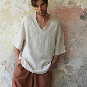 Hemp Shirt For Men, Deep V-Neck Loose Shirt, Natural Hemp Short Sleeve Top, Big And Tall Mens Outfit image 1