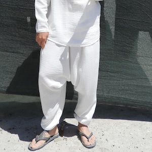 Organic Cotton Harem Pants Men: White Gauze Trousers, Big & Tall