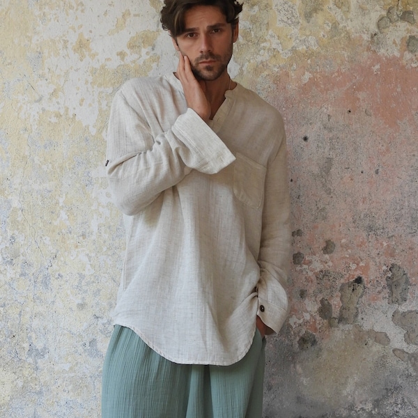 Hemp Shirt, Hemp Clothing Mens, Roll-up Sleeve Shirt, Big And Tall Clothing, Collarless Shirt, Hemp Long Sleeve Shirt, Pure Hemp Clothing