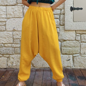 Mustard Gauze Harem Pants: Organic Cotton Drop Crotch Trousers